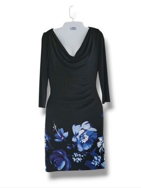 Lauren Ralph Lauren | Black/Blue Floral 3/4 Sleeve Cowl Neck Sheath Dress